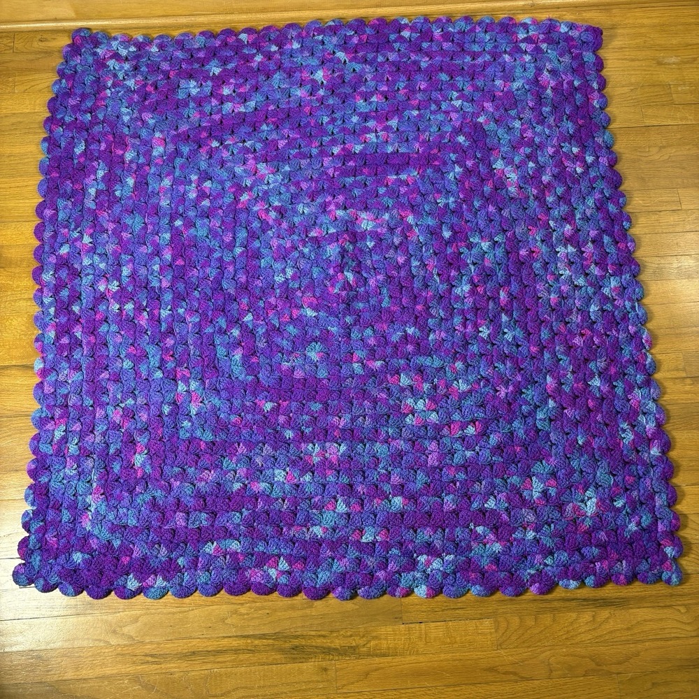 Handmade Crochet Blue Purple Pink Granny‎ Square Style Retro Afghan Blanket VTG